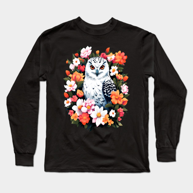 Cute Snowy Owl Surrounded by Bold Vibrant Spring Flowers Long Sleeve T-Shirt by BirdsnStuff