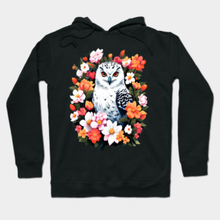 Cute Snowy Owl Surrounded by Bold Vibrant Spring Flowers Hoodie