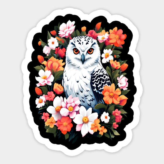 Cute Snowy Owl Surrounded by Bold Vibrant Spring Flowers Magnet by BirdsnStuff