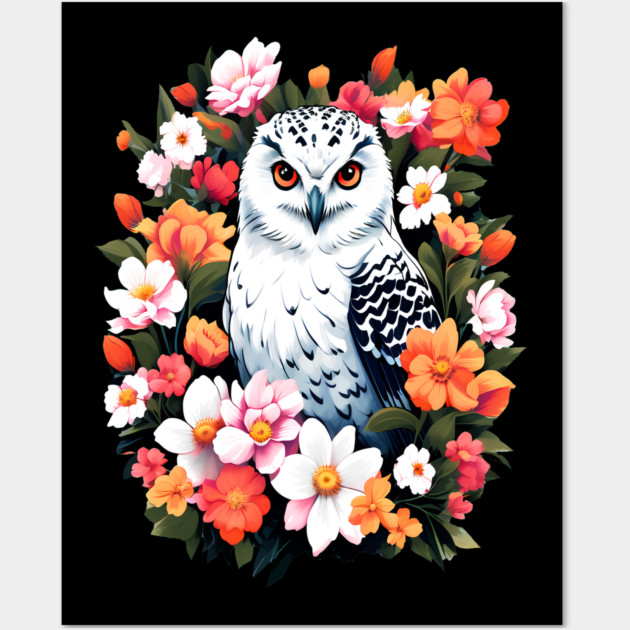 Cute Snowy Owl Surrounded by Bold Vibrant Spring Flowers Wall Art by BirdsnStuff