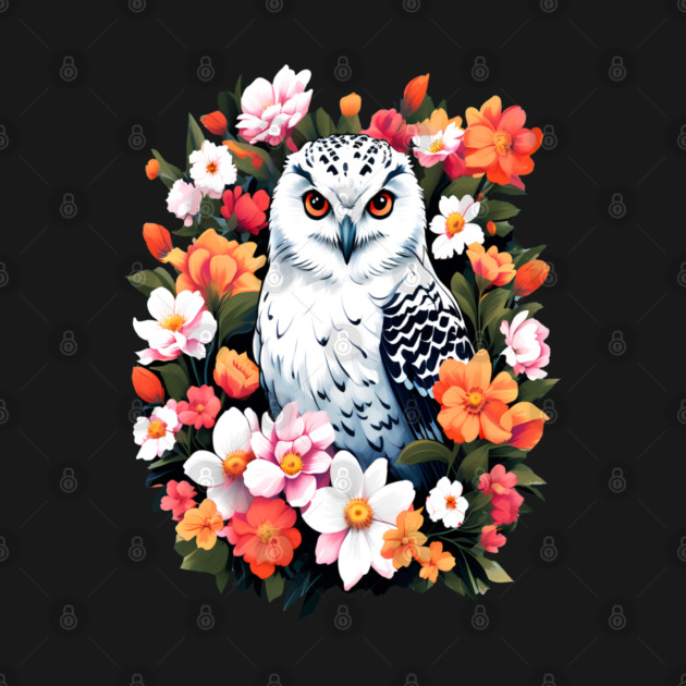 Cute Snowy Owl Surrounded by Bold Vibrant Spring Flowers by BirdsnStuff
