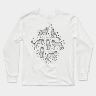Wolves and Stars on White Long Sleeve T-Shirt