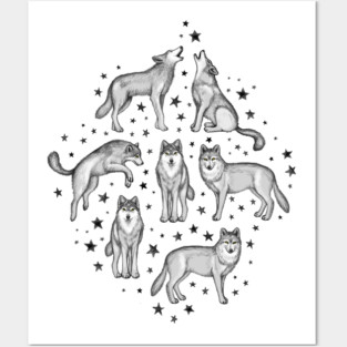 Wolves and Stars on White Posters and Art
