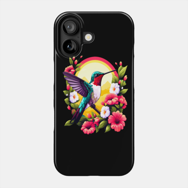 Cute Ruby Throated Hummingbird Surrounded by Spring Flowers Phone Case by BirdsnStuff