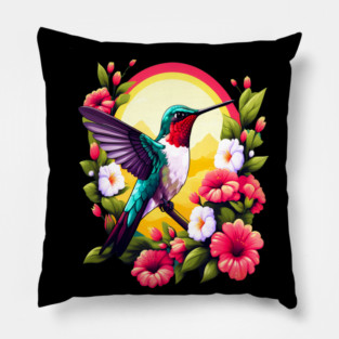 Cute Ruby Throated Hummingbird Surrounded by Spring Flowers Pillow