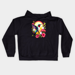 Cute Ruby Throated Hummingbird Surrounded by Spring Flowers Kids Hoodie