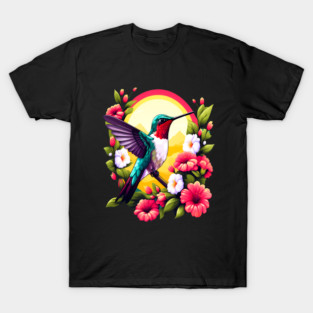Cute Ruby Throated Hummingbird Surrounded by Spring Flowers T-Shirt