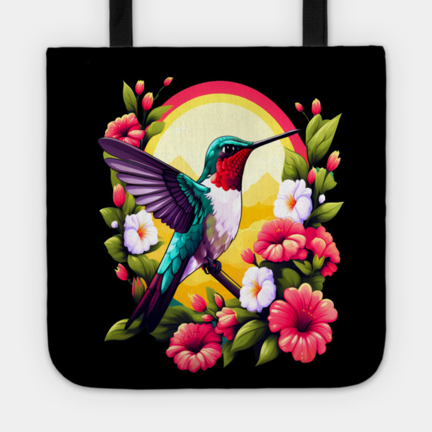 Cute Ruby Throated Hummingbird Surrounded by Spring Flowers Tote by BirdsnStuff