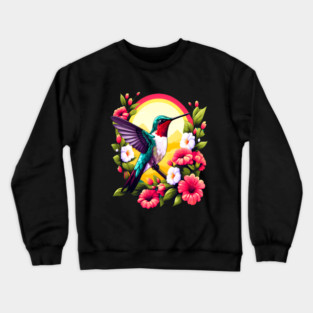 Cute Ruby Throated Hummingbird Surrounded by Spring Flowers Crewneck Sweatshirt