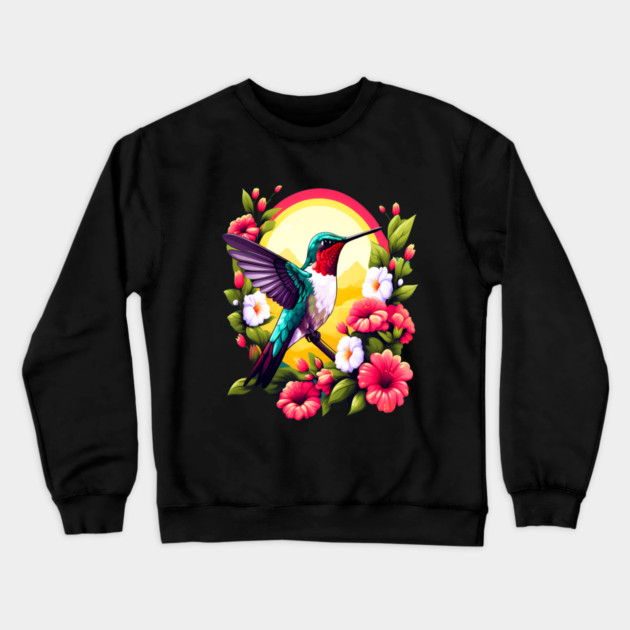 Cute Ruby Throated Hummingbird Surrounded by Spring Flowers Crewneck Sweatshirt by BirdsnStuff