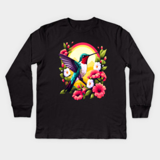 Cute Ruby Throated Hummingbird Surrounded by Spring Flowers Kids Long Sleeve T-Shirt