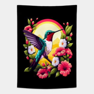 Cute Ruby Throated Hummingbird Surrounded by Spring Flowers Tapestry