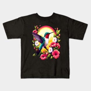 Cute Ruby Throated Hummingbird Surrounded by Spring Flowers Kids T-Shirt