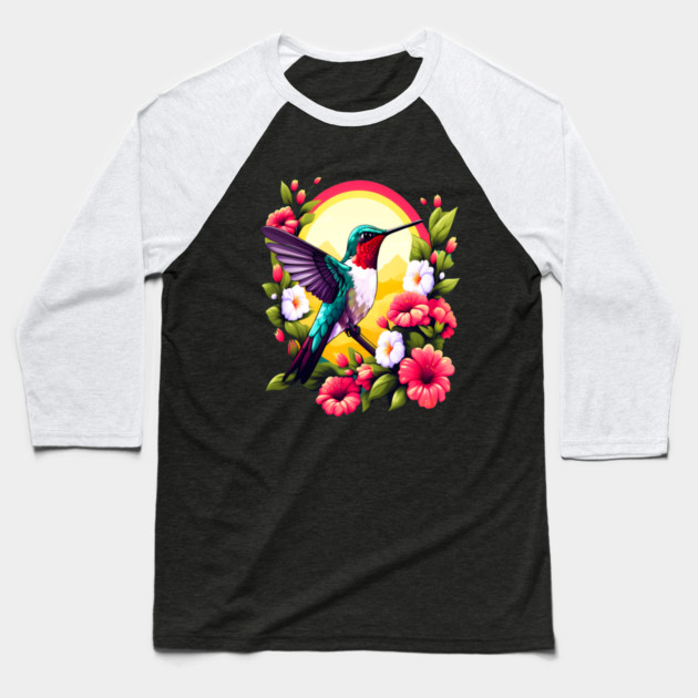 Cute Ruby Throated Hummingbird Surrounded by Spring Flowers Baseball T-Shirt by BirdsnStuff