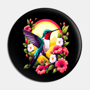 Cute Ruby Throated Hummingbird Surrounded by Spring Flowers Pin