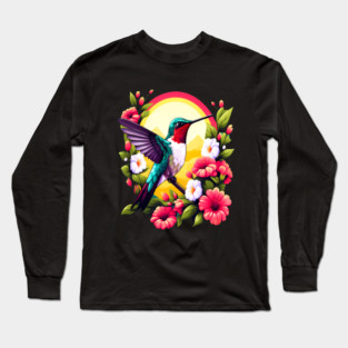 Cute Ruby Throated Hummingbird Surrounded by Spring Flowers Long Sleeve T-Shirt