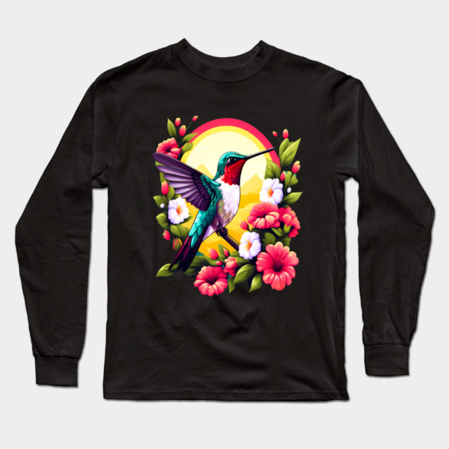 Cute Ruby Throated Hummingbird Surrounded by Spring Flowers Long Sleeve T-Shirt by BirdsnStuff
