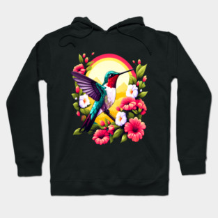 Cute Ruby Throated Hummingbird Surrounded by Spring Flowers Hoodie