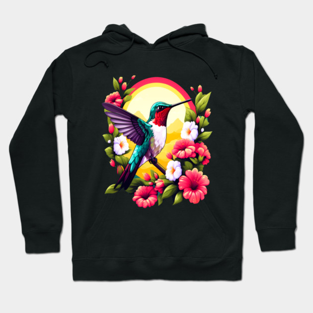 Cute Ruby Throated Hummingbird Surrounded by Spring Flowers Hoodie by BirdsnStuff