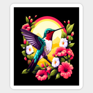Cute Ruby Throated Hummingbird Surrounded by Spring Flowers Magnet