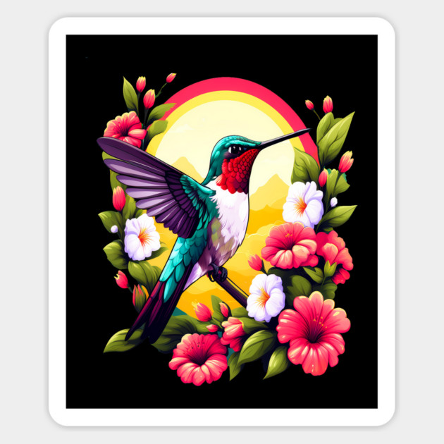 Cute Ruby Throated Hummingbird Surrounded by Spring Flowers Magnet by BirdsnStuff