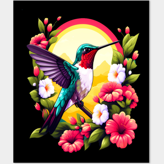 Cute Ruby Throated Hummingbird Surrounded by Spring Flowers Wall Art by BirdsnStuff