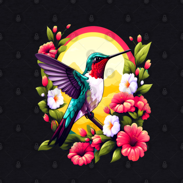 Cute Ruby Throated Hummingbird Surrounded by Spring Flowers by BirdsnStuff