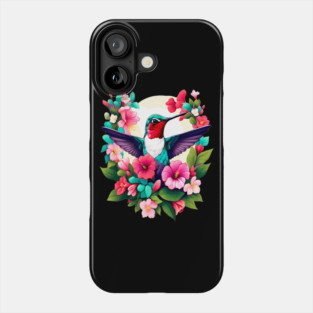 Cute Ruby Throated Hummingbird Surrounded by Spring Flowers Phone Case