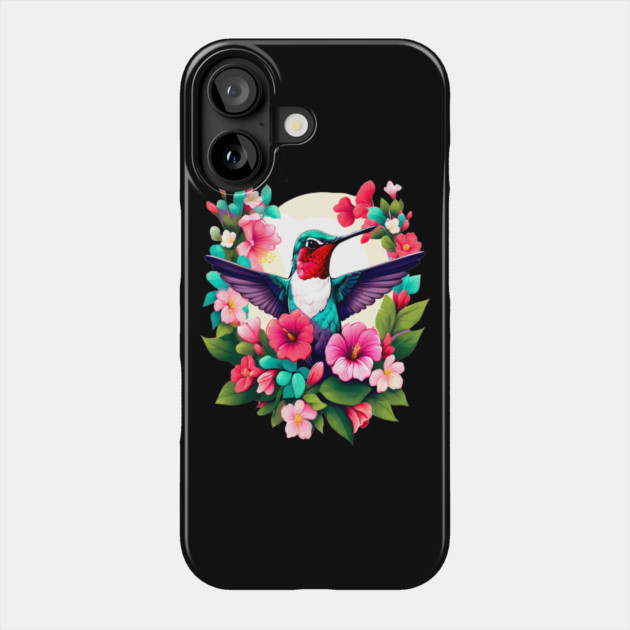 Cute Ruby Throated Hummingbird Surrounded by Spring Flowers Phone Case by BirdsnStuff