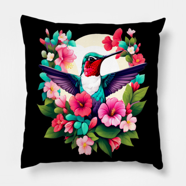 Cute Ruby Throated Hummingbird Surrounded by Spring Flowers Pillow by BirdsnStuff