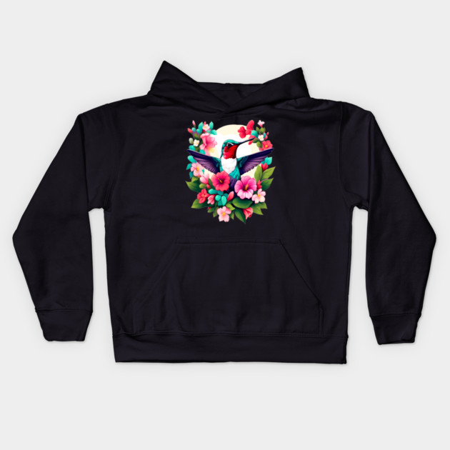 Cute Ruby Throated Hummingbird Surrounded by Spring Flowers Kids Hoodie by BirdsnStuff
