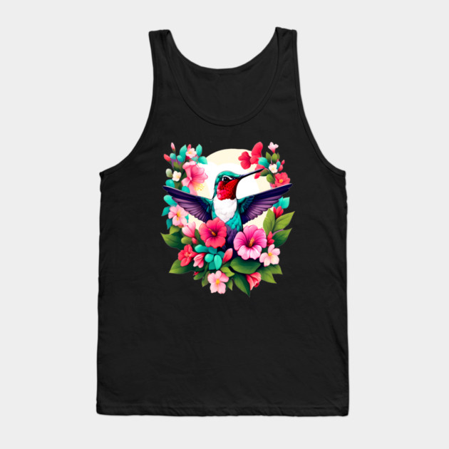 Cute Ruby Throated Hummingbird Surrounded by Spring Flowers Tank Top by BirdsnStuff
