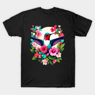 Cute Ruby Throated Hummingbird Surrounded by Spring Flowers T-Shirt