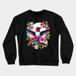 Cute Ruby Throated Hummingbird Surrounded by Spring Flowers Crewneck Sweatshirt