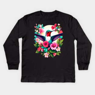 Cute Ruby Throated Hummingbird Surrounded by Spring Flowers Kids Long Sleeve T-Shirt