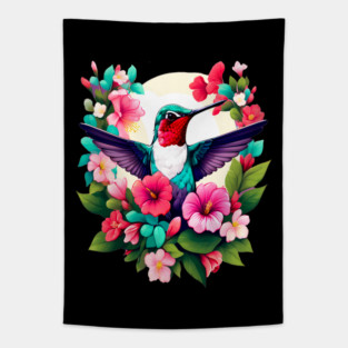 Cute Ruby Throated Hummingbird Surrounded by Spring Flowers Tapestry
