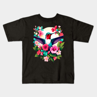 Cute Ruby Throated Hummingbird Surrounded by Spring Flowers Kids T-Shirt