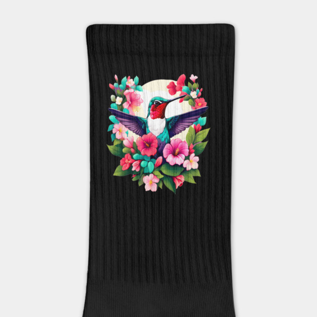 Cute Ruby Throated Hummingbird Surrounded by Spring Flowers by BirdsnStuff