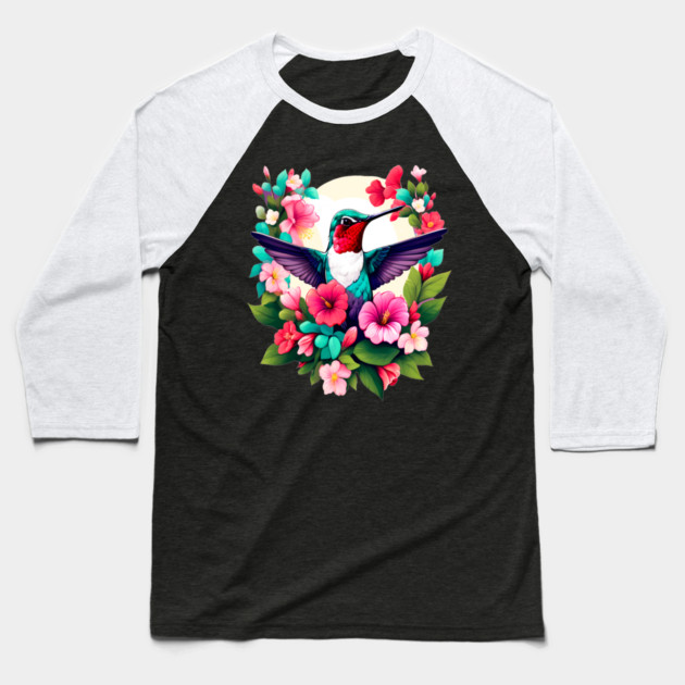 Cute Ruby Throated Hummingbird Surrounded by Spring Flowers Baseball T-Shirt by BirdsnStuff