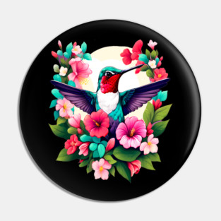 Cute Ruby Throated Hummingbird Surrounded by Spring Flowers Pin
