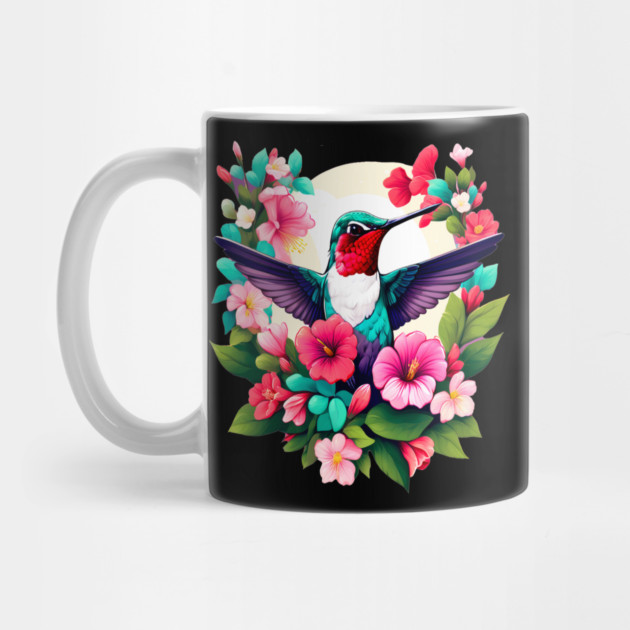 Cute Ruby Throated Hummingbird Surrounded by Spring Flowers by BirdsnStuff