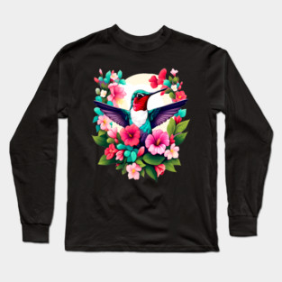 Cute Ruby Throated Hummingbird Surrounded by Spring Flowers Long Sleeve T-Shirt