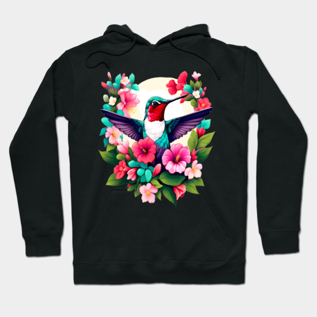 Cute Ruby Throated Hummingbird Surrounded by Spring Flowers Hoodie by BirdsnStuff
