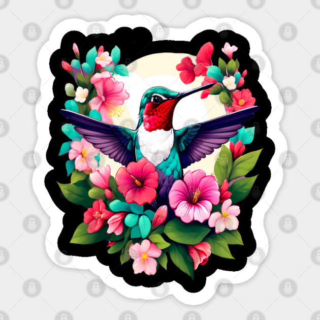 Cute Ruby Throated Hummingbird Surrounded by Spring Flowers Sticker by BirdsnStuff