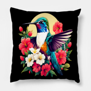 Cute Ruby Throated Hummingbird Surrounded by Spring Flowers Pillow