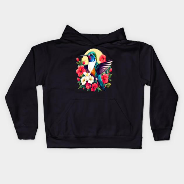 Cute Ruby Throated Hummingbird Surrounded by Spring Flowers Kids Hoodie by BirdsnStuff