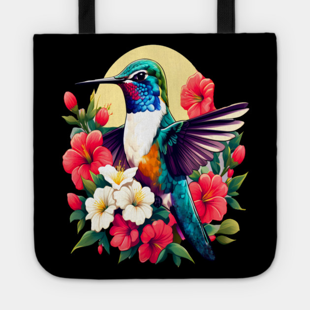 Cute Ruby Throated Hummingbird Surrounded by Spring Flowers Tote by BirdsnStuff