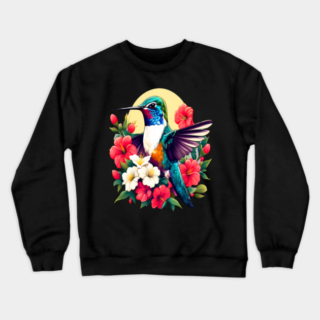 Cute Ruby Throated Hummingbird Surrounded by Spring Flowers Crewneck Sweatshirt by BirdsnStuff