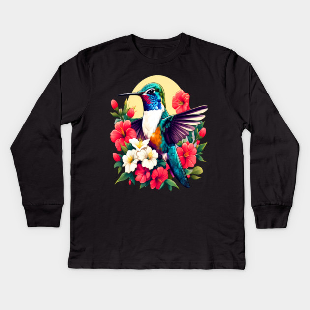 Cute Ruby Throated Hummingbird Surrounded by Spring Flowers Kids Long Sleeve T-Shirt by BirdsnStuff