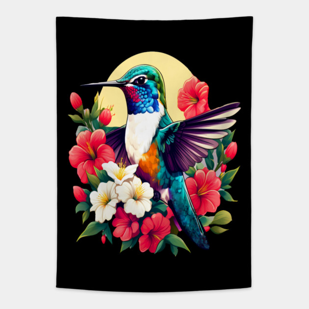 Cute Ruby Throated Hummingbird Surrounded by Spring Flowers Tapestry by BirdsnStuff
